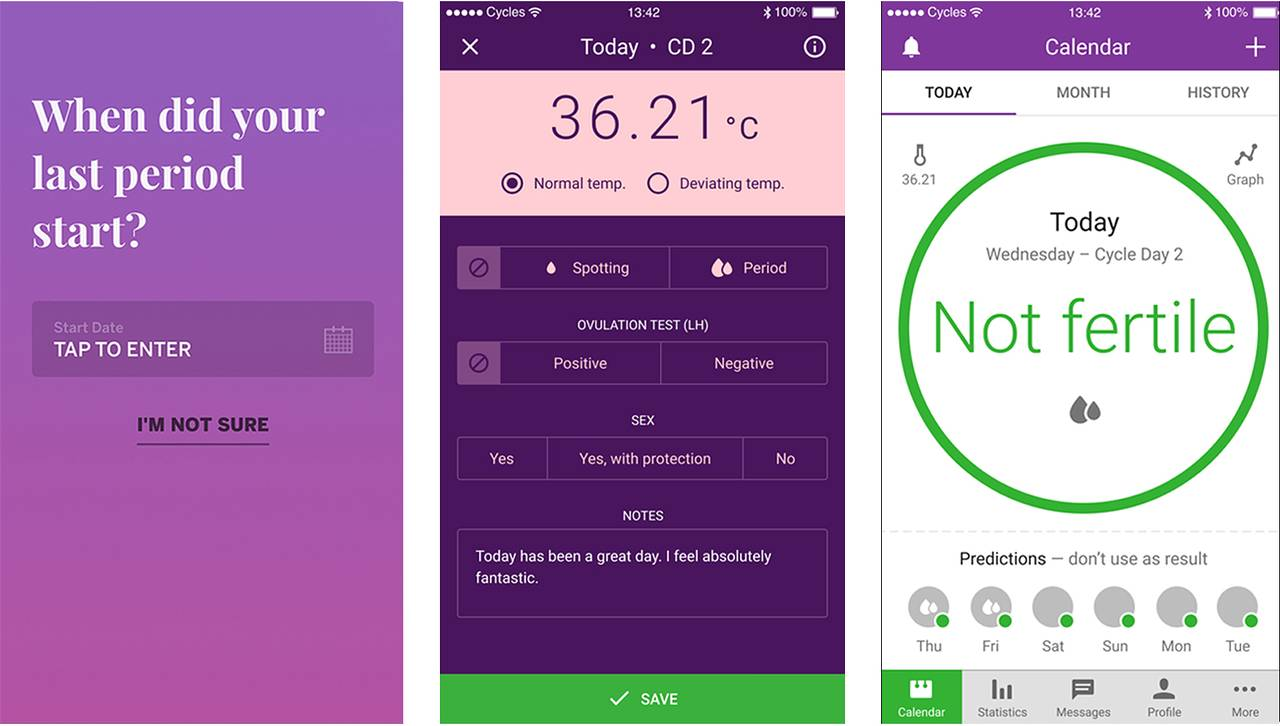 Three screenshots of the Natural Cycles app showing the period start entry screen, body temperature and symptom tracking options, and a daily view indicating fertility status.