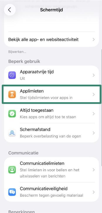App Limits section with Add Limit option selected.