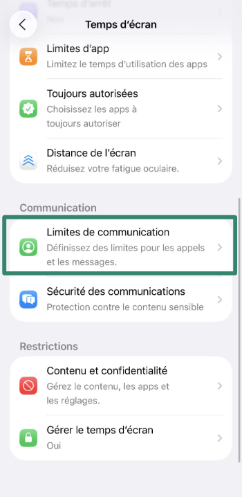Communication Limits settings for child’s iPhone account.