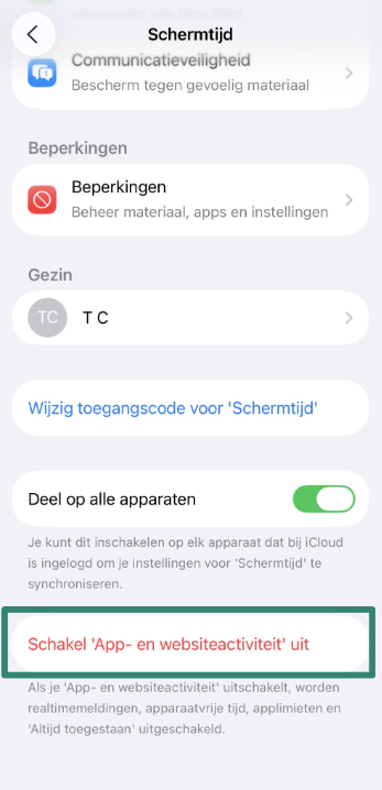 Option to turn off App & Website Activity in Screen Time settings.