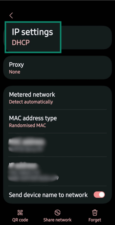 DHCP and Static IP Settings highlighted in connected Wi-Fi settings on Android.