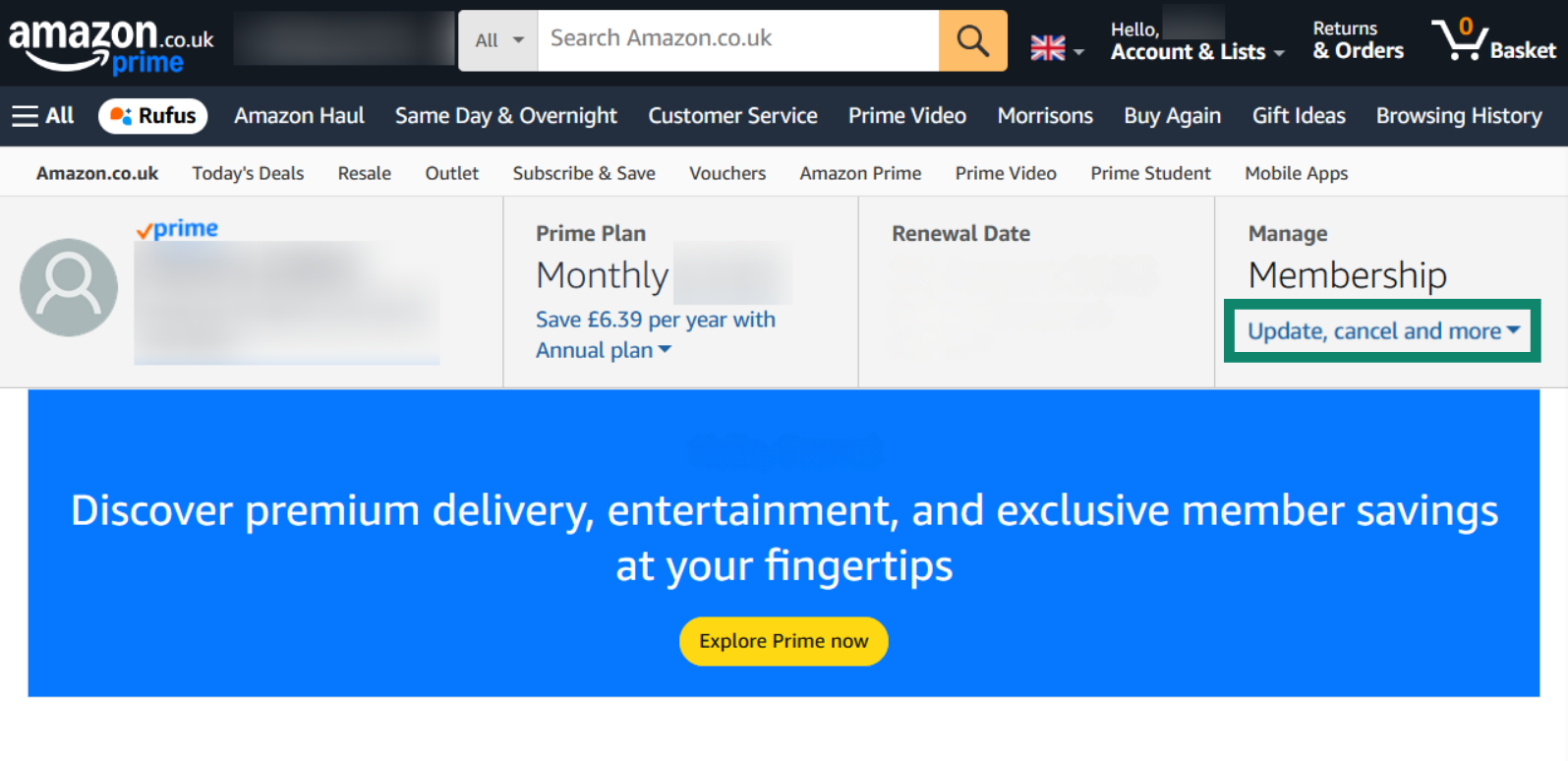 Accessing Prime membership management menu on Amazon website.
