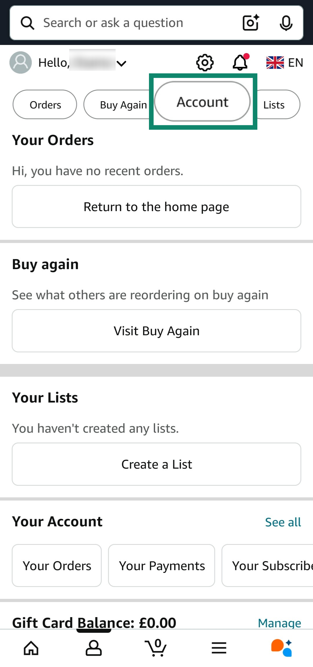 Accessing the Account menu on the Amazon app.