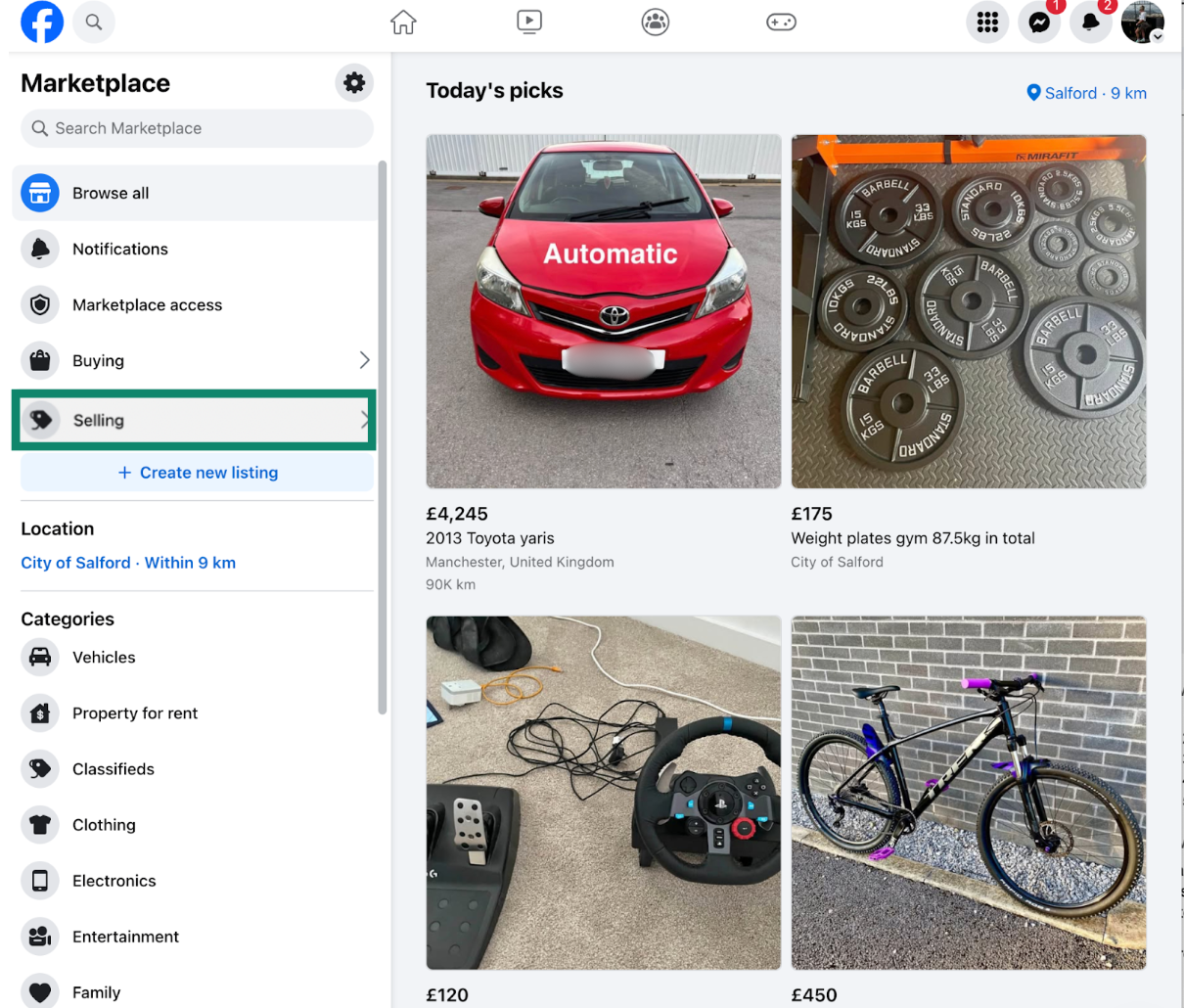 The Facebook Marketplace Selling option.