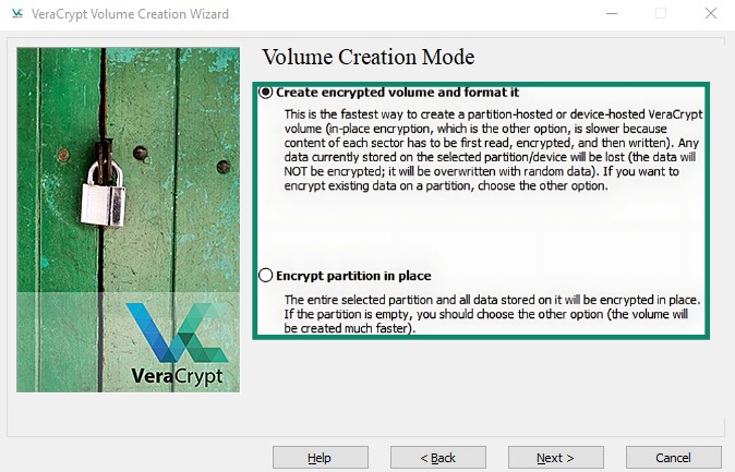 eraCrypt Volume Creation Wizard Volume Creation Mode screen with the two options highlighted.