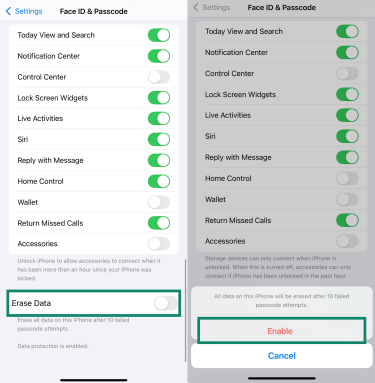 iPhone Face ID & Passcode settings with Erase Data option enabled.