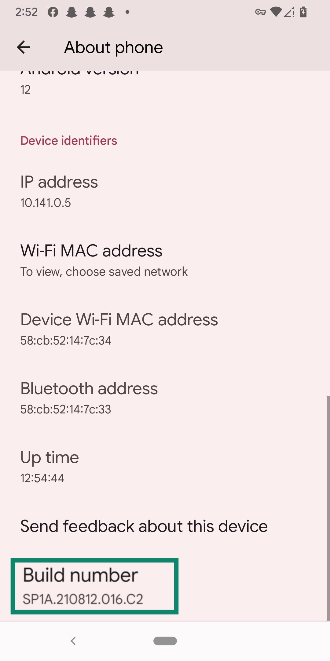 The Android "About phone" settings showing the "Build number" option to enable Developer options.