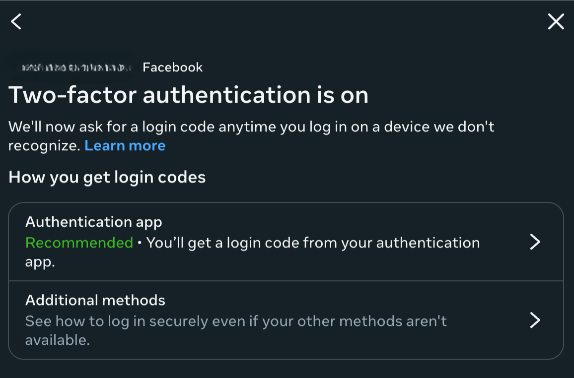 Facebook 2FA options.
