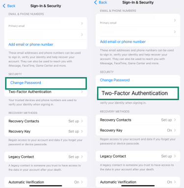 iPhone Sign-In & Security settings with Change Password (left) and Two-Factor Authentication (right) highlighted
