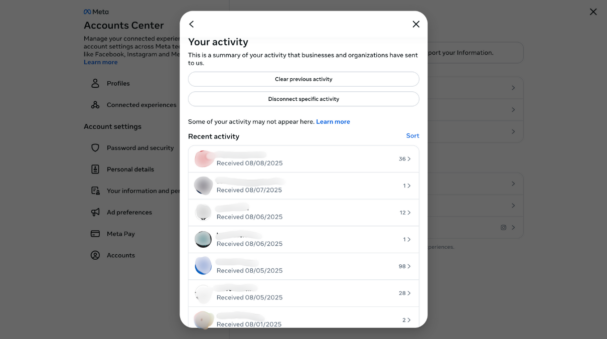 Your activity panel in Facebook’s Accounts Center showing a list of recent activity from various websites and services.