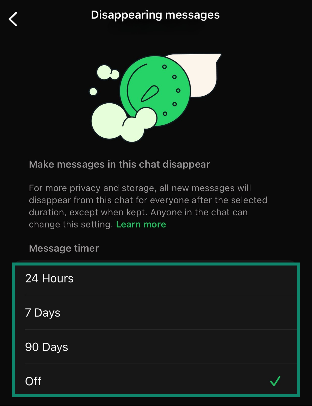 WhatsApp disappearing messages configuration screen with different timeframes.