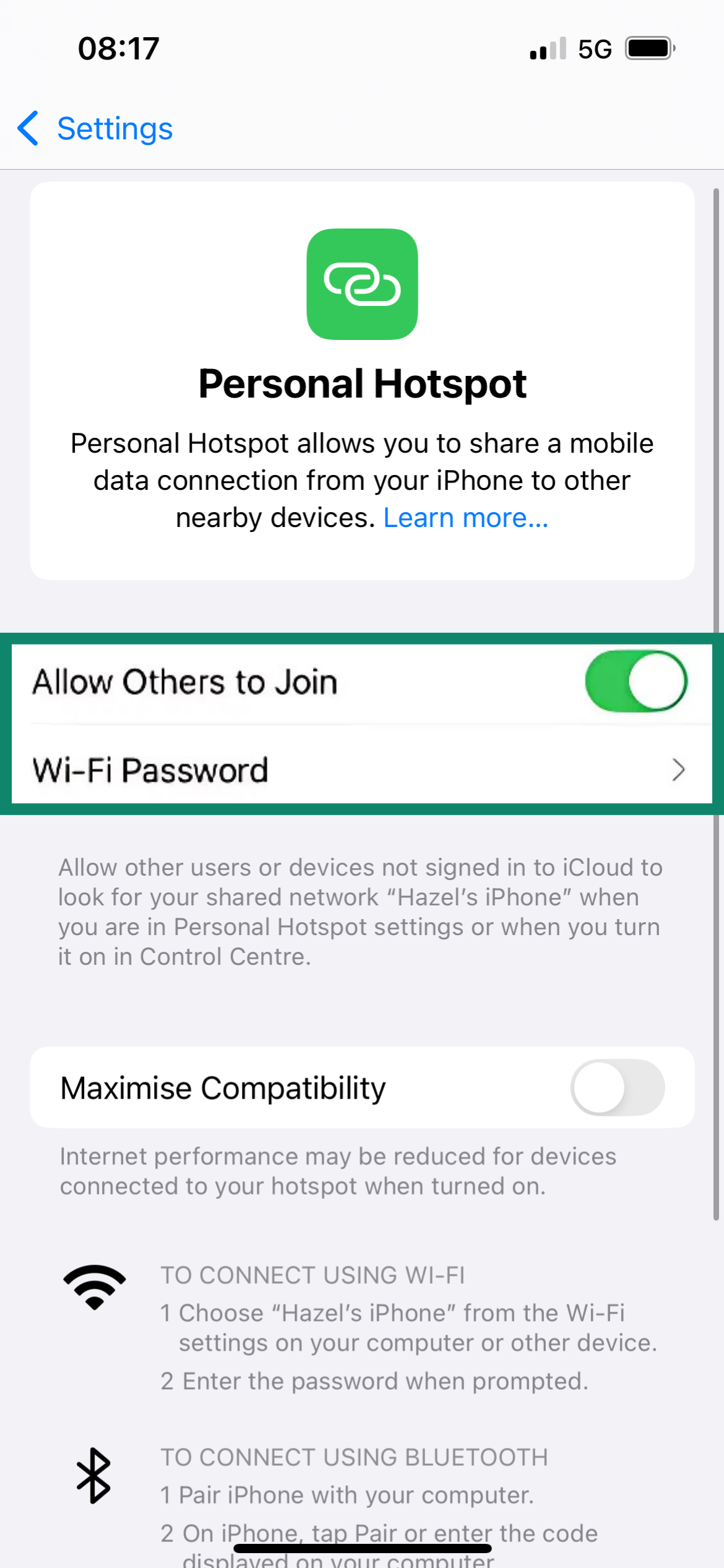 iPhone Personal Hotspot settings with Allow Others to Join and Wi-Fi Password highlighted.