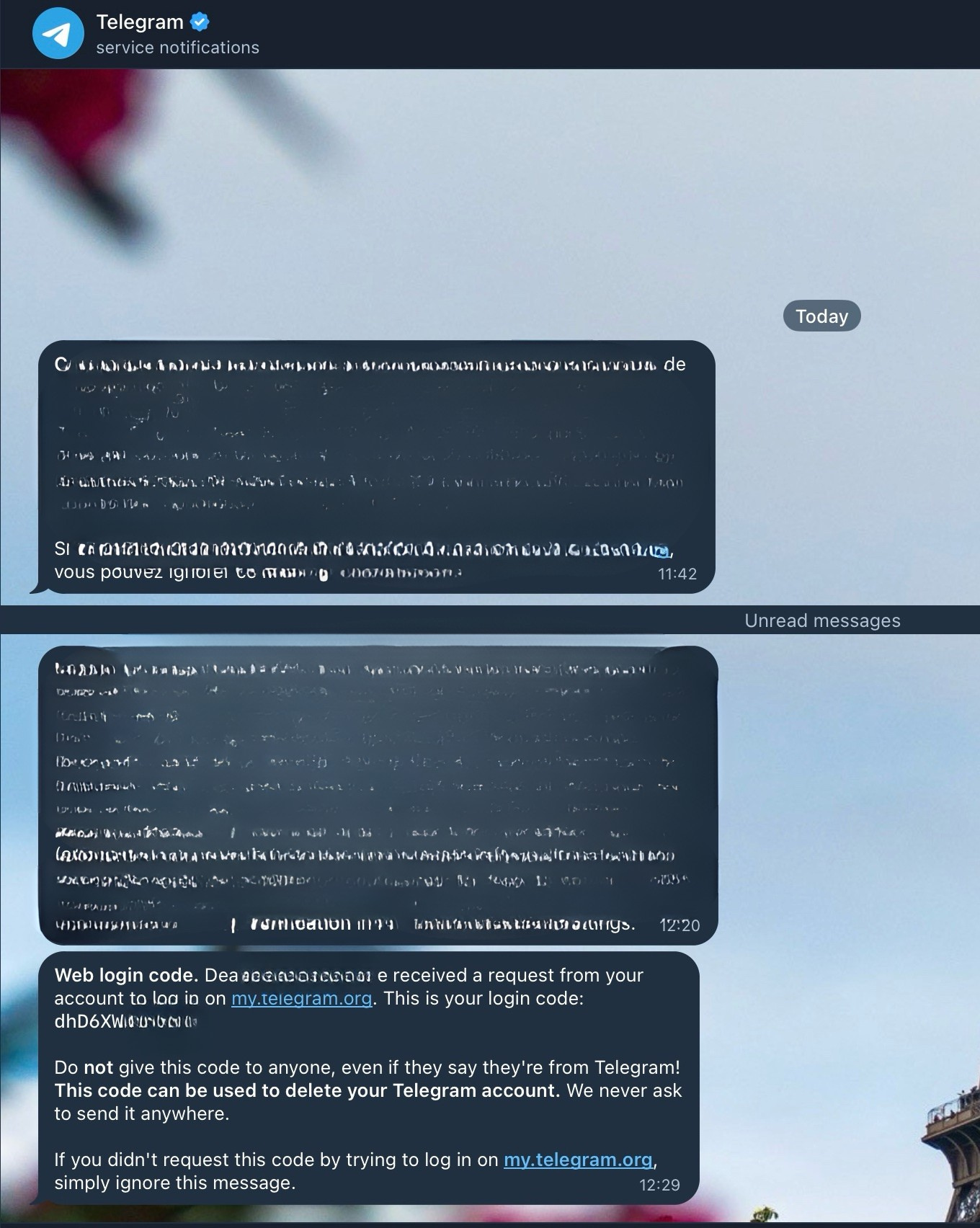 Telegram sends you a confirmation code via your chats, rather than via email or SMS