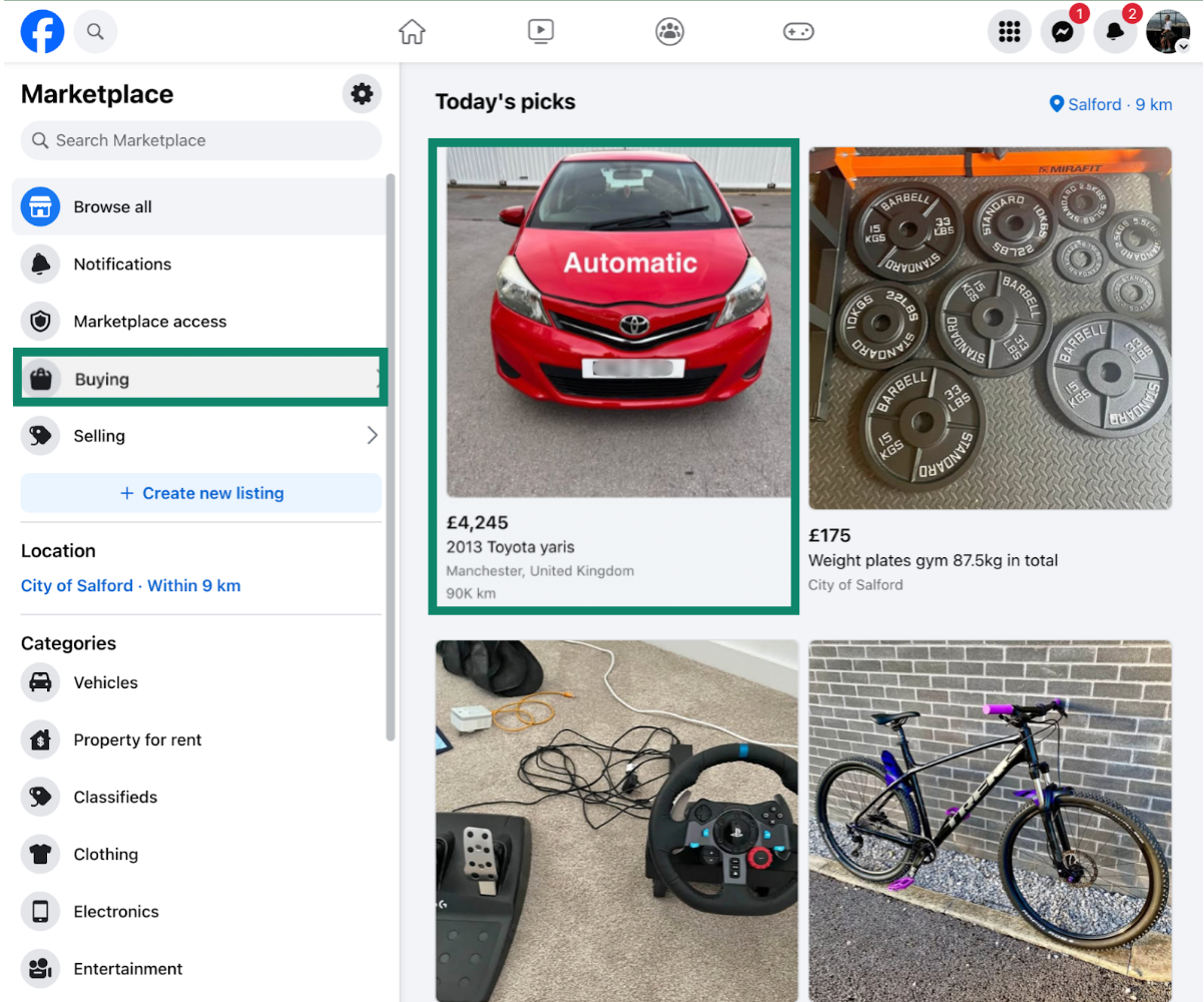 The Facebook Marketplace Buying option with several listings.