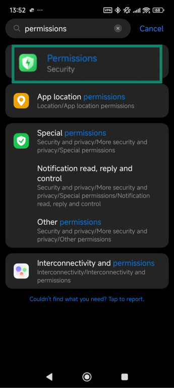 Settings app menu showing how to find the Permissions options.