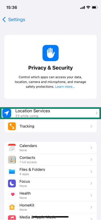 iPhone Privacy & Security screen, showing how to access location services.