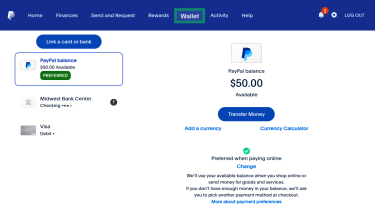 The PayPal web app home screen highlighting the "Wallet" tab.