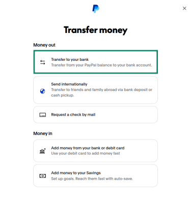 PayPal's transfer screen, with the "Transfer to your bank" option highlighted.