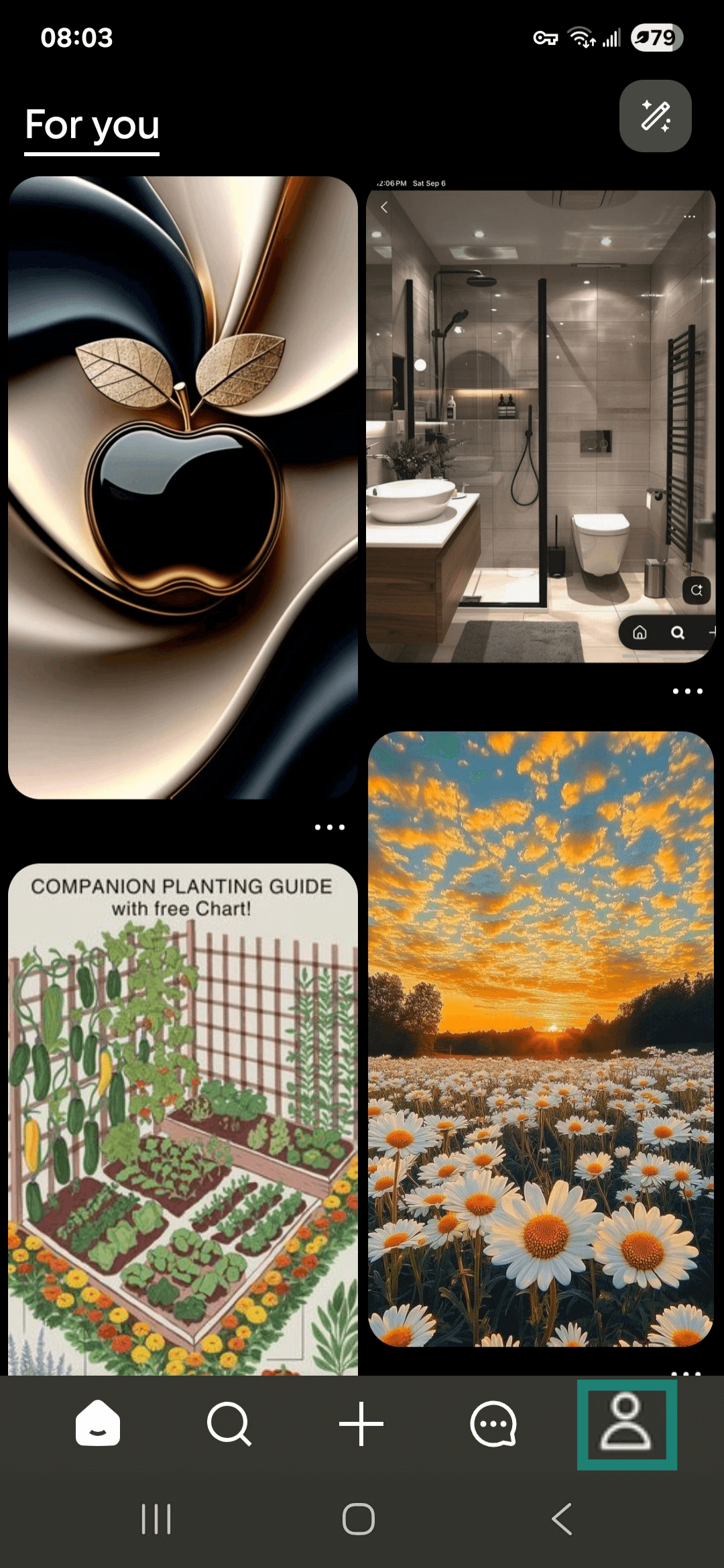 Android Pinterest app home screen with the profile button highlighted.