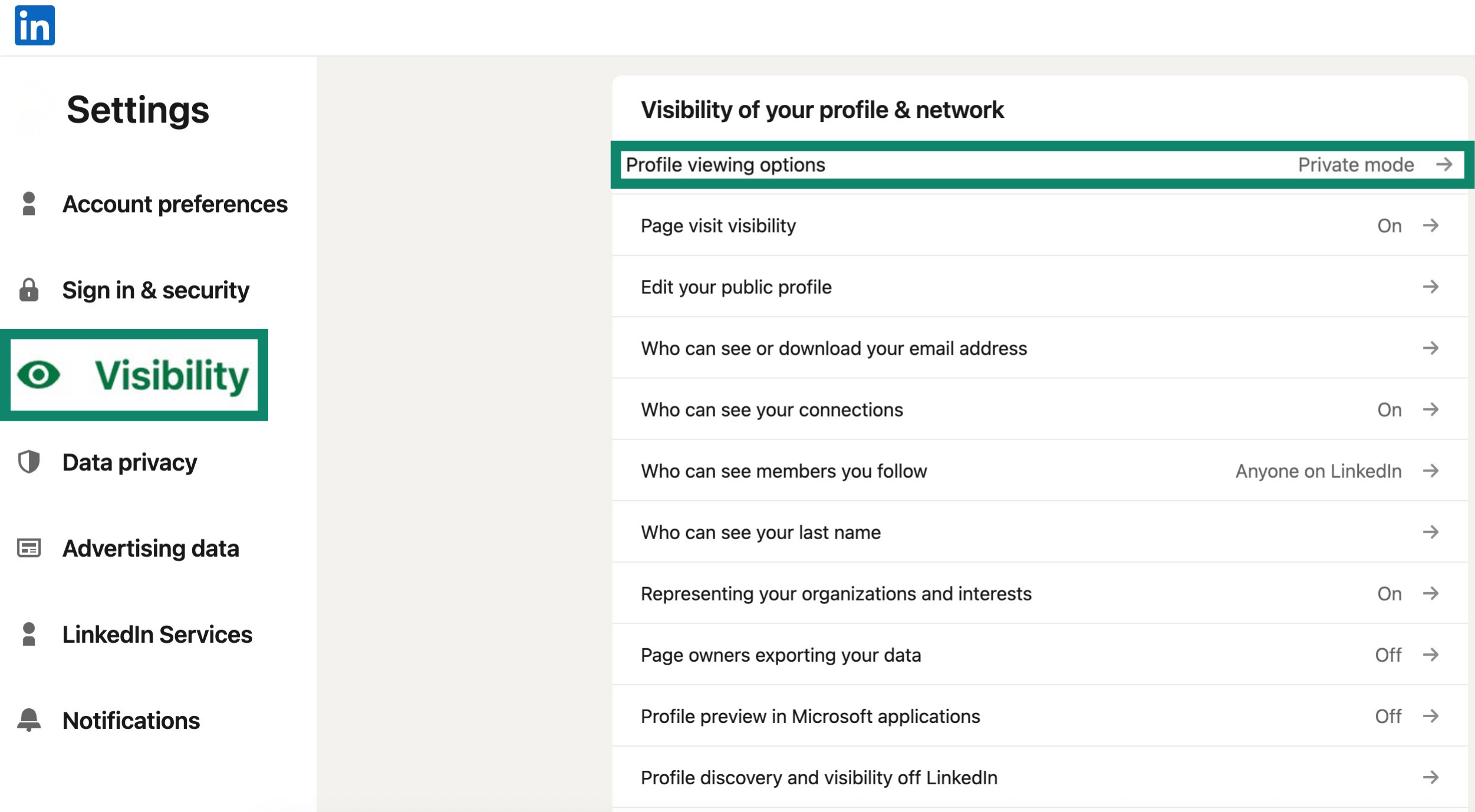LinkedIn's Visibility settings page.
