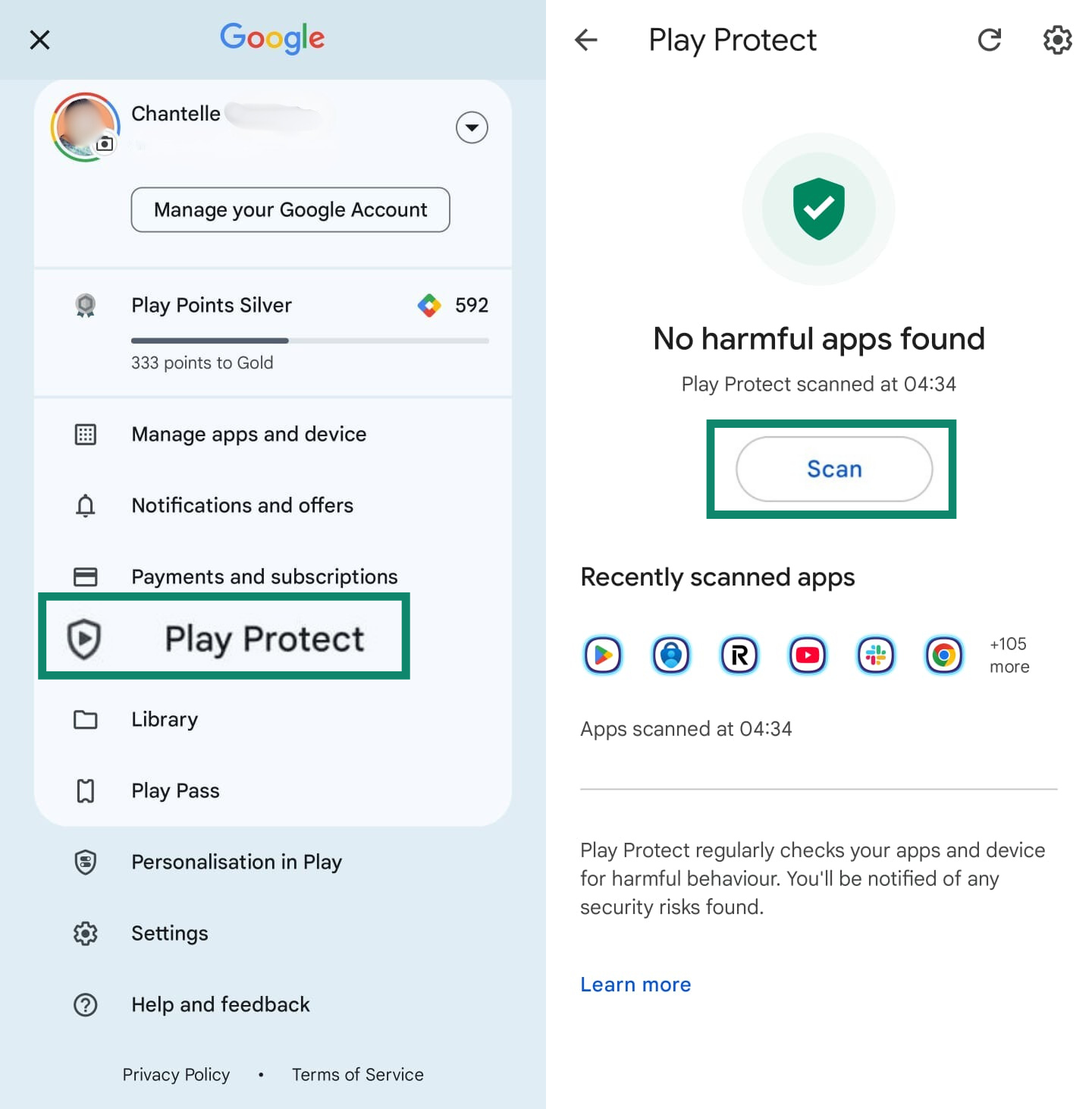 Side-by-side screenshots of the Google Play Store on Android, showing how to find the ‘Play Protect’ feature and run a security scan for apps.
