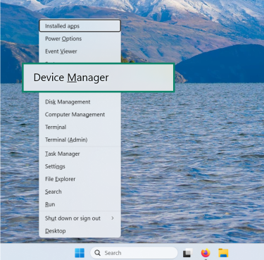 Windows 11 quick access menu with a highlighted Device Manager button.