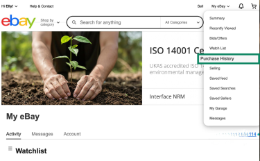 eBay “My eBay” dropdown menu open, showing the Purchase History option.