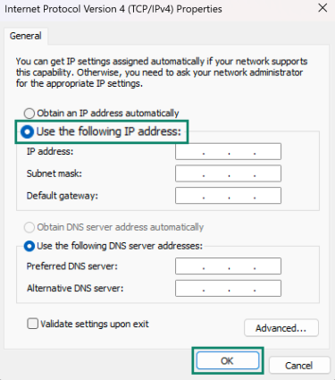 IPv4 settings window with blank IP fields.
