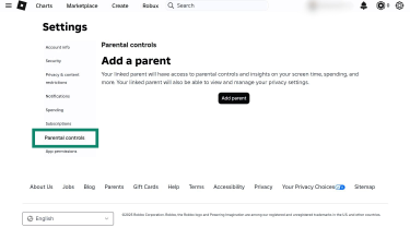 The Roblox settings page for parental controls, highlighting the “Add a parent” option.