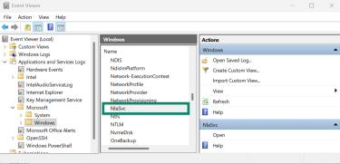 The Log Properties window for the NlaSvc operational log in Windows Event Viewer.