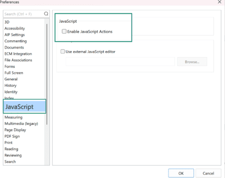 Image showing how to disable JavaScript in Foxit Reader. 