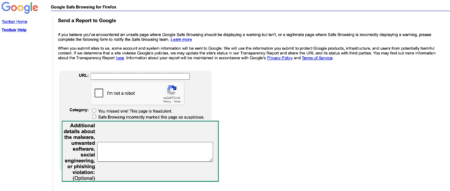 Google Safe Browsing page with category field highlighted.
