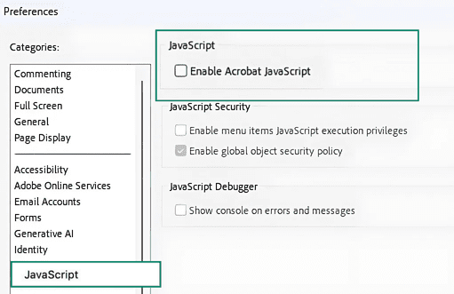 Image showing JavaScript option in Acrobat preferences.