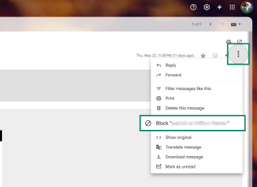 Gmail spam folder with the “Block <span highlighted.